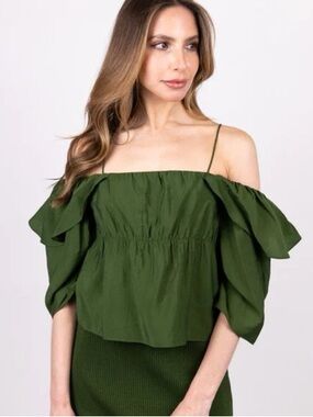Vince Paneled Off-Shoulder Cami in Herb Green